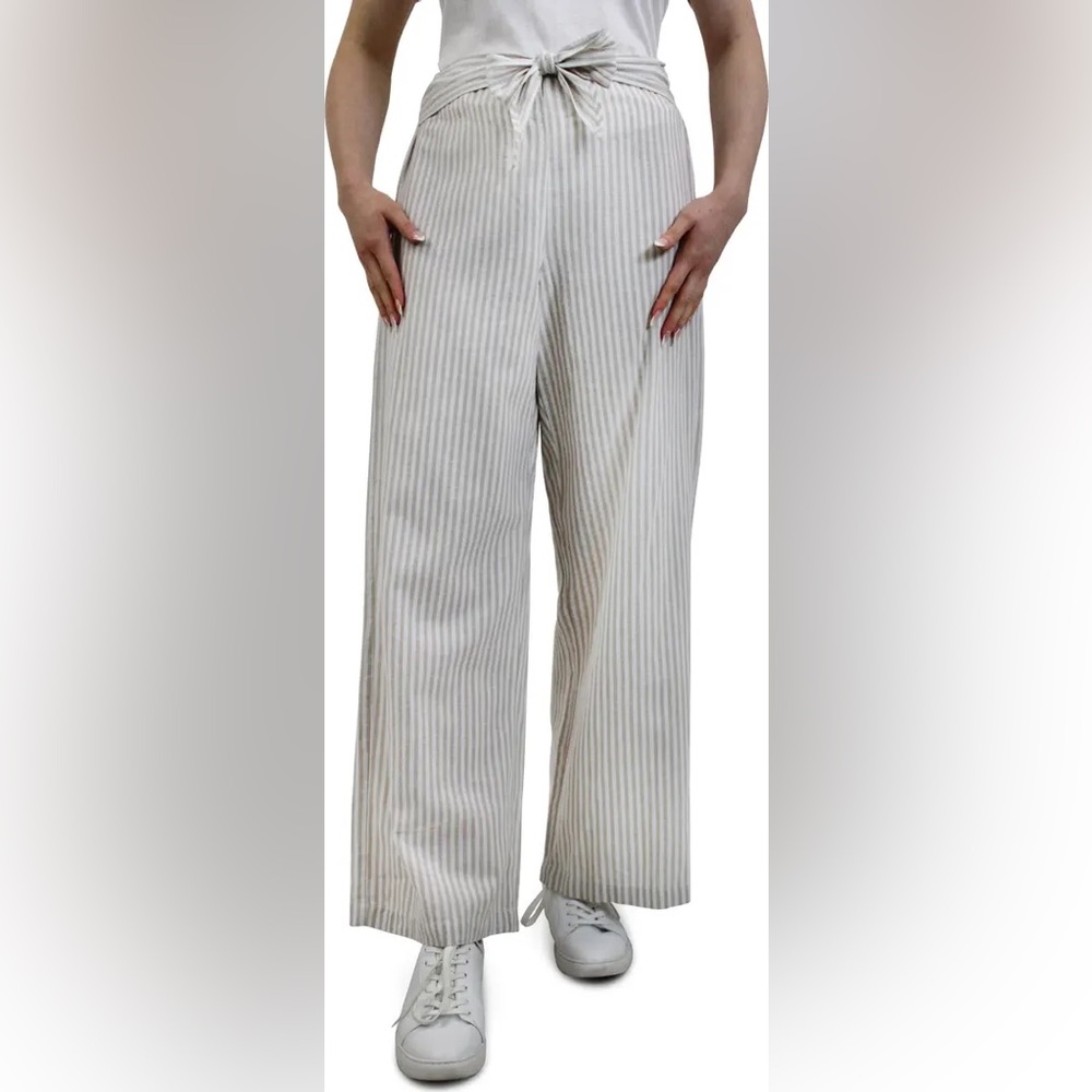 BeachLunchLounge Pinstripe White Tan Bow Tie Casual Beach Pull On Pants Small